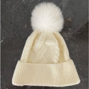 Cashmere/Cotton White Winter Beanie Hat with White Pom